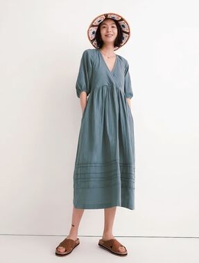 MADEWELL Marianna Puff-Sleeve Coton Gauze Midi Dress In Faded Shale Blue Size S